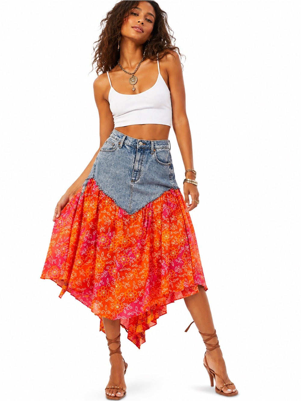 Upcycle denim  Panel Orange Floral Handkerchief Midi Skirt size 12
